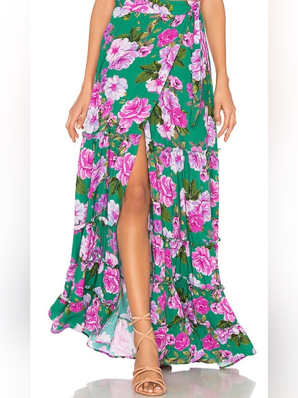 Band of Gypsies B.O.G. Collective Floral Wrap Maxi Skirt Green Pink Size Small